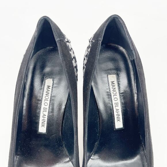 Manolo Blahnik Black Suede Gray Houndstooth Bow Pointed Toe Pumps Heels IT 36 - Picture 7 of 10